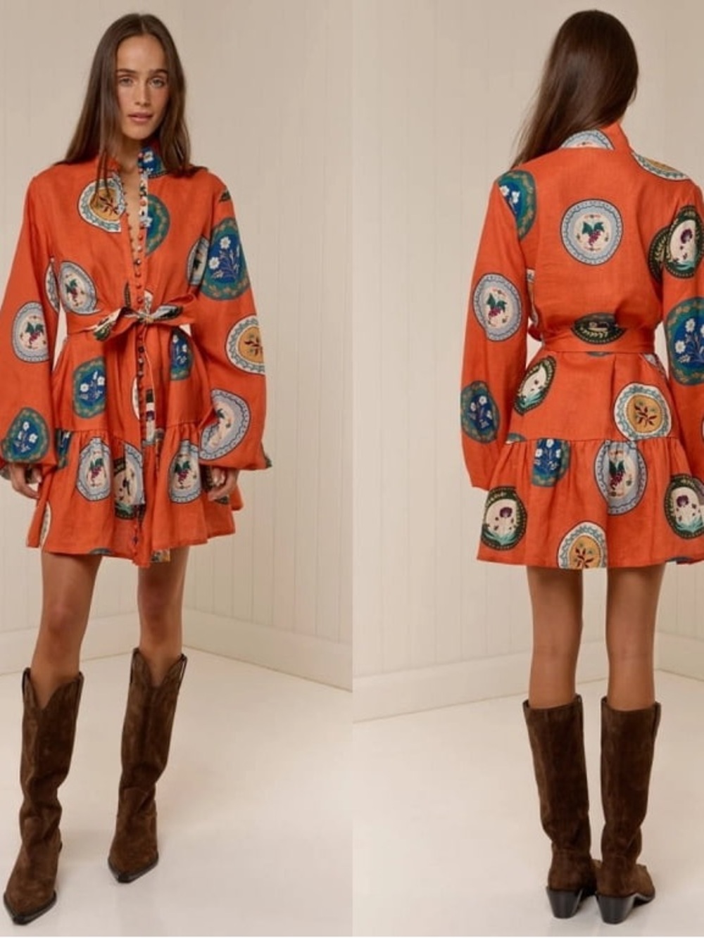 Sunday Up Boho Orange Tie Waist Button Up Front Orange Printed Mini Dress NWOT M